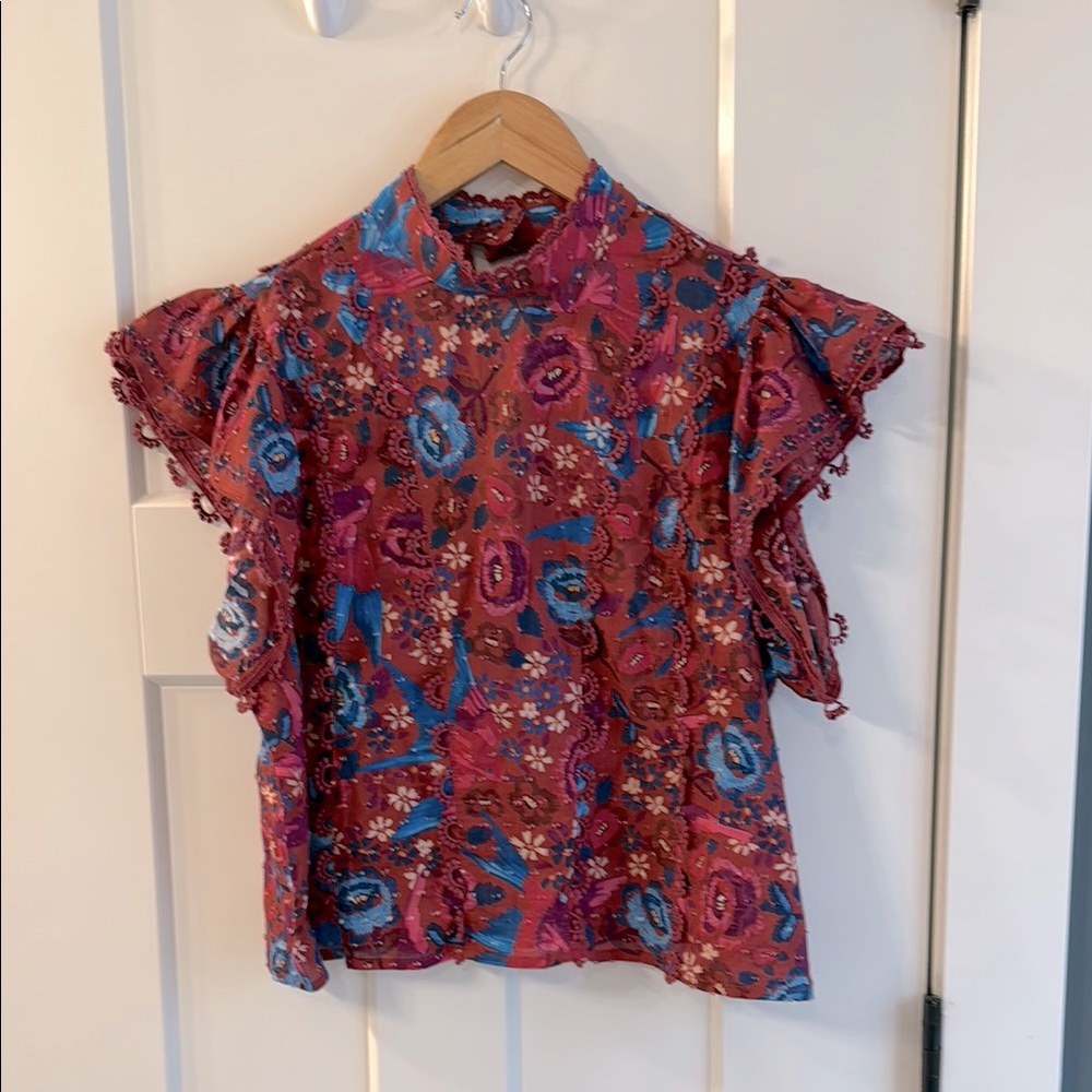 FARM Rio Pink Floral Ruffled Sleeve Blouse